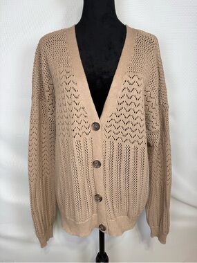 Nicole Miller Artelier Open Knit Cardigan Sweater XL Taupe Cotton Button Front